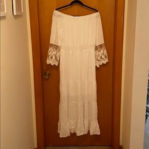 Off the shoulder white maxi with lace sleeves